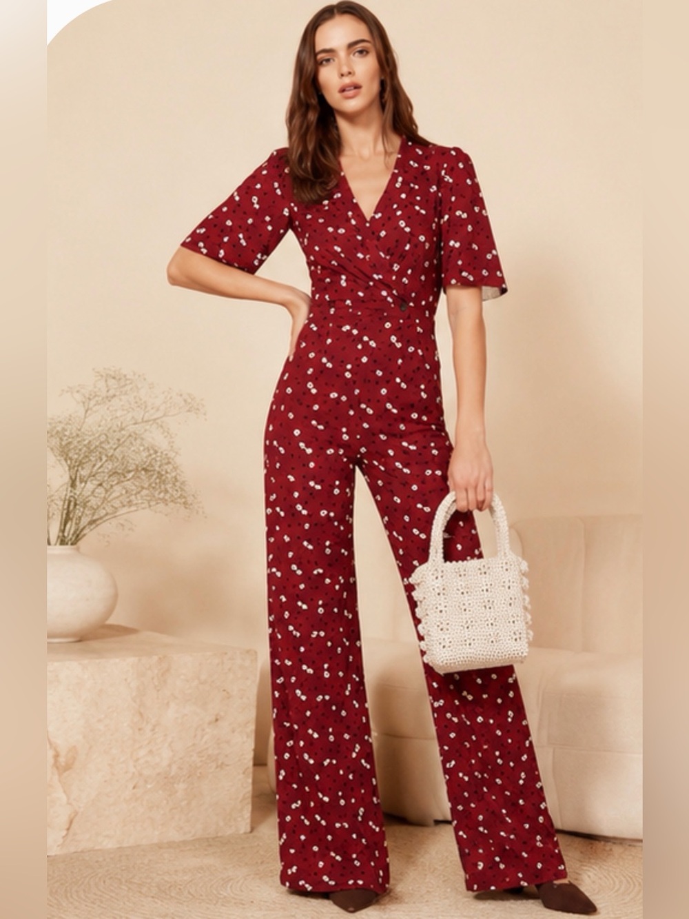 Reformation Alice Floral Wide Leg Jumpsuit Burgundy Size 4 Celebrity Favorite